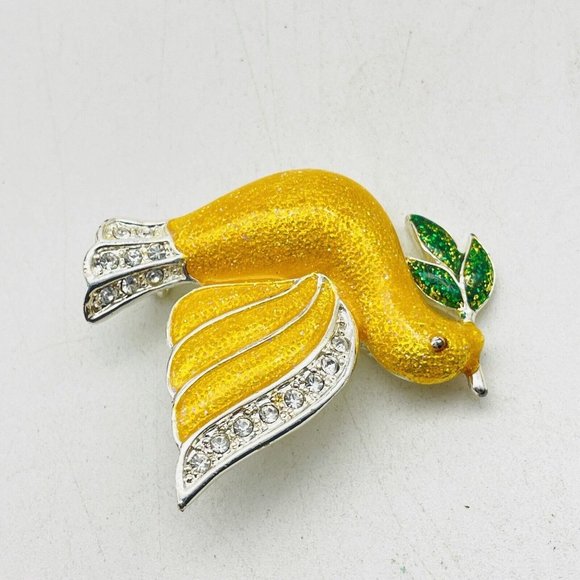 Roman Golden Dove Pin Silver Tone Rhinestone Accents Olive Branch Ark Faith - Picture 3 of 7